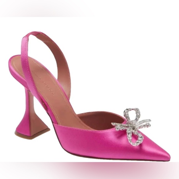 Amina Muaddi Rosie Pink Satin Sling Back Heels with Crystal Bow Size 40 - Picture 4 of 7